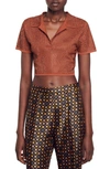 Sandro Vierge Embellished Crop Knit Polo Shirt In Brown