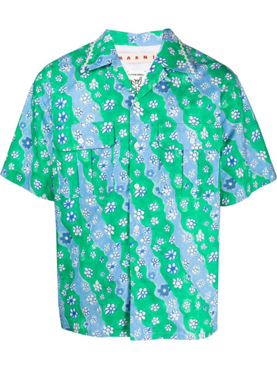 Marni Floral-print Short-sleeved Shirt In Green