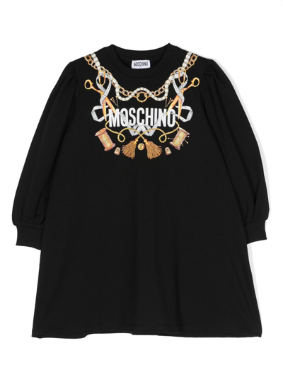 Moschino Kids' Sewing-print Long-sleeved Cotton Dress In Black