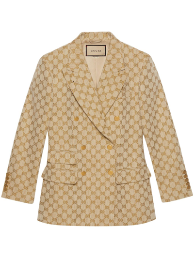 Gucci Gg-jacquard Cotton-linen Blazer In Nude & Neutrals