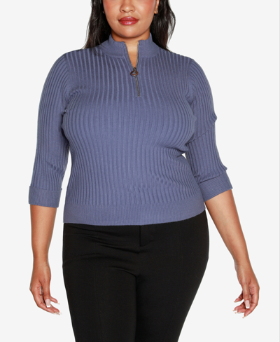 Belldini Black Label Plus Size Ribbed Quarter Zip Sweater In Indigo Coast