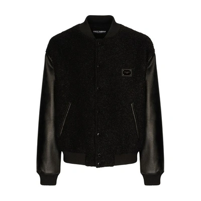 DOLCE & GABBANA WOOL BOUCLÉ AND FAUX LEATHER JACKET
