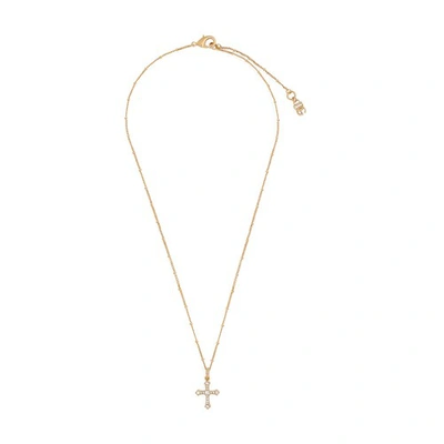 Dolce & Gabbana Rosary Necklace With Rhinestone Cross And Logo In Gold