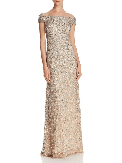 ADRIANNA PAPELL WOMENS SEQUINED OFF-THE-SHOULDER FORMAL DRESS