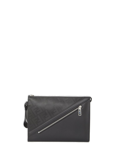 Fendi Shadow Diagonal Zipped Clutch Bag In Black