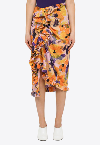 Dries Van Noten Draped Floral Midi Skirt In Orange