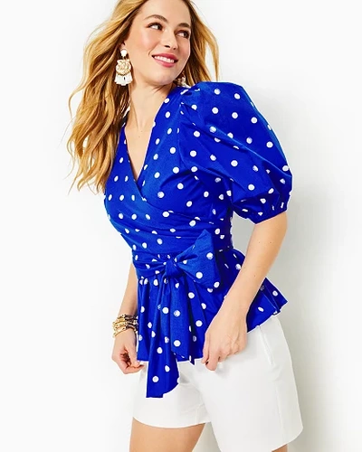 Lilly Pulitzer Kara Cotton Wrap Top In Blue Grotto Hotter Spot