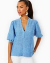 Lilly Pulitzer Mialeigh Elbow Sleeve Linen Top In Beckon Blue X Sea Salt Blue
