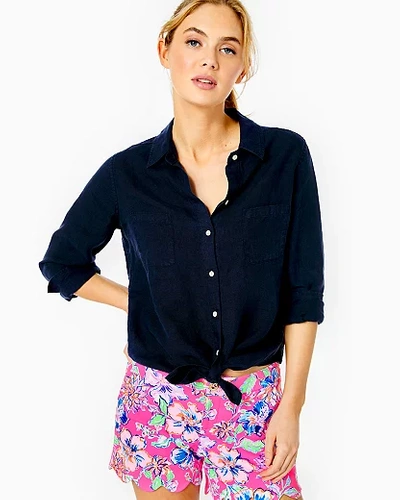 Lilly Pulitzer Sea View Linen Button Down Top In True Navy X True Navy