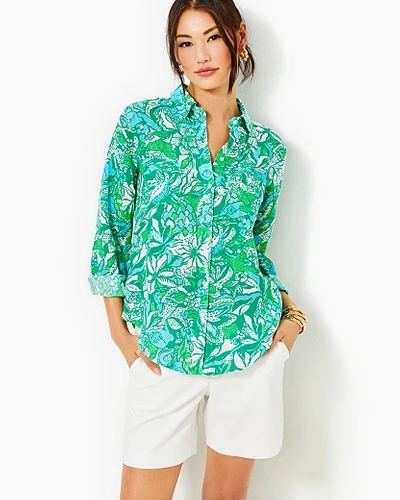 Lilly Pulitzer Sea View Linen Button Down Top In Botanical Green Safari Sangria