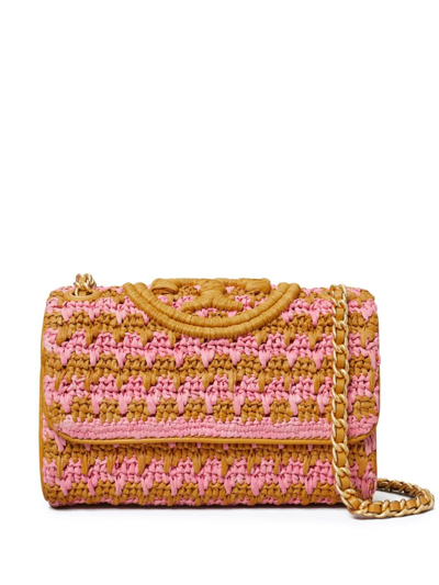Tory Burch Small Fleming Soft Raffia Crochet Convertible Shoulder Bag In Pink