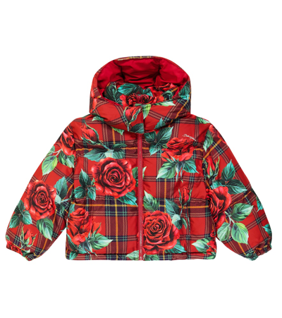 Dolce & Gabbana Kids' Rose Tartan Print Puffer Jacket In Red