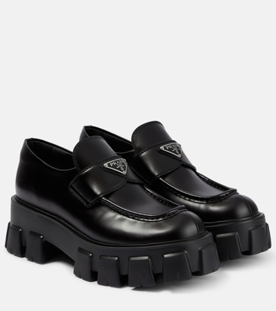 Prada Monolith Lacquered Leather Loafers In Black