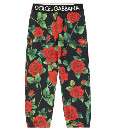 Dolce & Gabbana Kids Rose-print Logo Cotton Sweatpants In Black