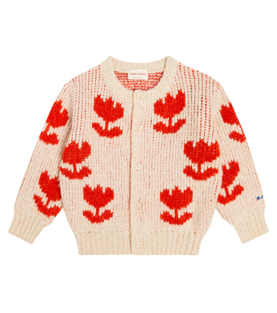 Bobo Choses Kids' Retron Flowers Jacquard Cardigan In Off White,red