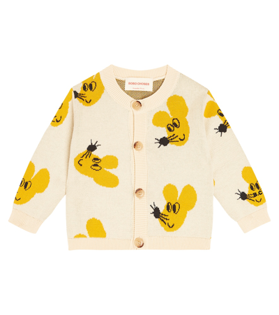 Bobo Choses Babies'  Beige Mouse-intarsia Cotton-knit Cardigan 9-24 Months In Yellow,beige