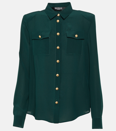 Balmain 2-pockets Crepe De Chine Buttoned Shirt In Petrolio