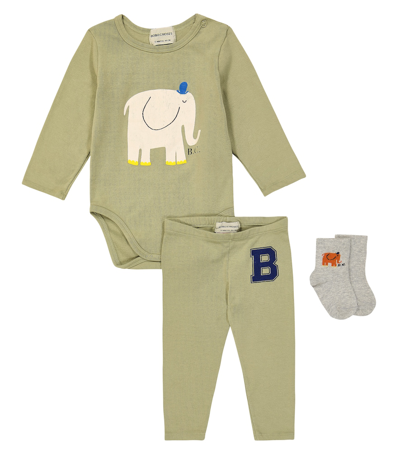 Bobo Choses Baby The Elephant Cotton-blend Bodysuit, Leggings, And Socks Set In Green