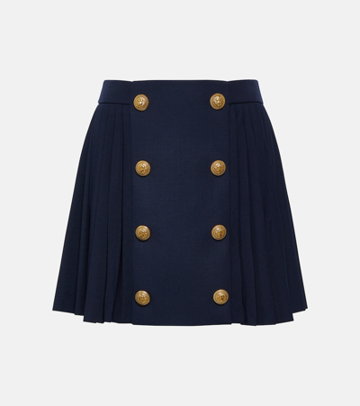 Balmain Pleated Virgin Wool Miniskirt In Blue