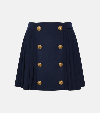 Balmain Pleated Wool Crepe Mini Skirt In Blue
