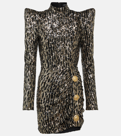 Balmain 3-button Animal-sequin Strong-shoulder Mini Dress In Gold