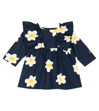 Bobo Choses Babies'  Midnight Blue Flower-print Ruffled-shoulder Cotton-twill Dress 6-24 Months In Navy Blue