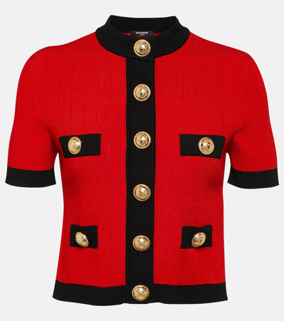 Balmain Logo Buttons Short Sleeves Cardigan In Red