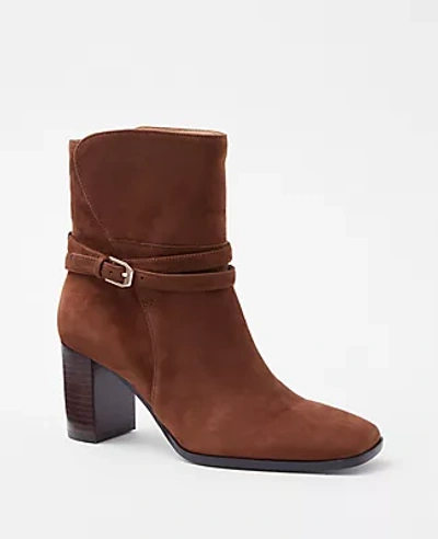 Ann Taylor Wraparound Buckle High Block Heel Suede Boots In Dark Maple