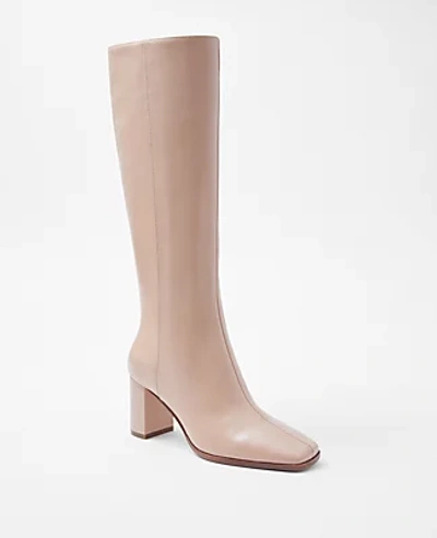 Ann Taylor Block Heel Square Toe Leather Boots In Light Almond