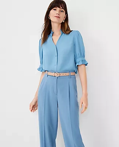 Ann Taylor Ruffle Button Top In Fresh Water