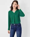 Ann Taylor Mixed Media Pleat Front Top In Evergreen