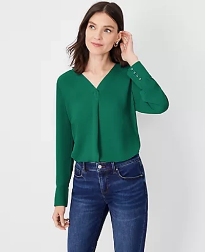 Ann Taylor Mixed Media Pleat Front Top In Evergreen