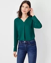 Ann Taylor Petite Mixed Media Pleat Front Top In Evergreen