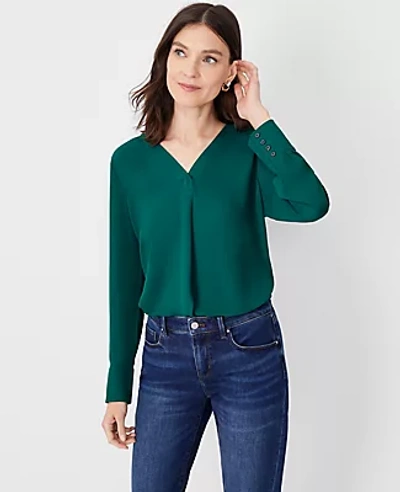 Ann Taylor Petite Mixed Media Pleat Front Top In Evergreen