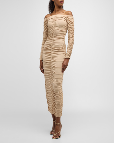 Zeynep Arcay Off-shoulder Ruched Jersey Maxi Dress In Beige