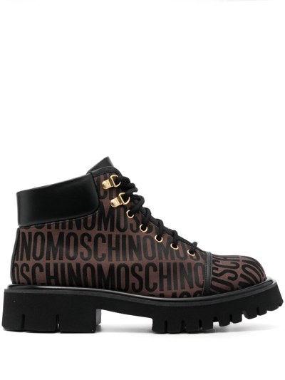 Moschino Jacquard Logo Ridged-sole Boots In Brown
