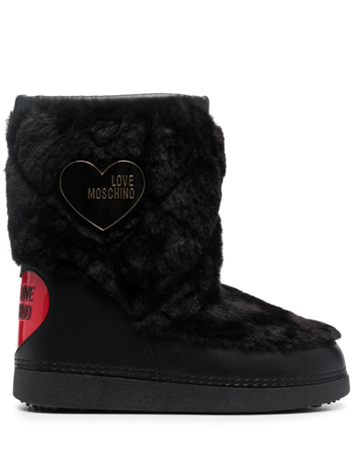 Love Moschino Logo-plaque Faux-fur Boots In Black