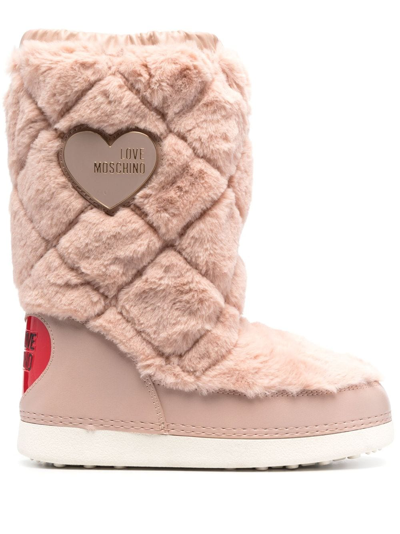 Love Moschino Logo-plaque Faux-fur Boots In Pink