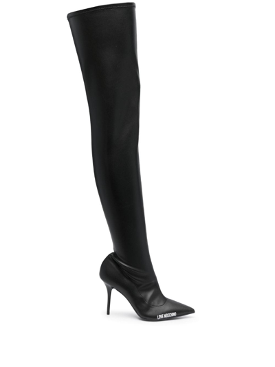 Love Moschino Logo-print Leather Thigh-boots In Black