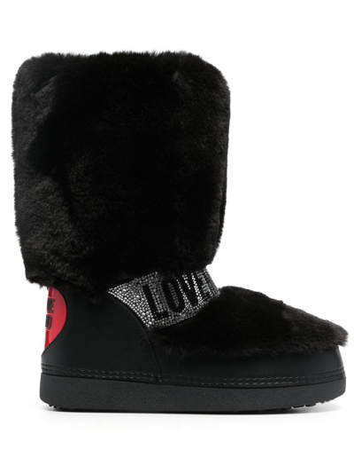 Love Moschino Crystal-embellished Faux-fur Boots In Black