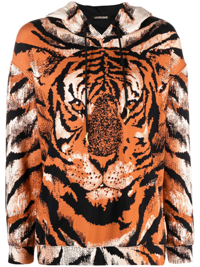 Roberto Cavalli Tiger-print Drawstring Hoodie In Orange