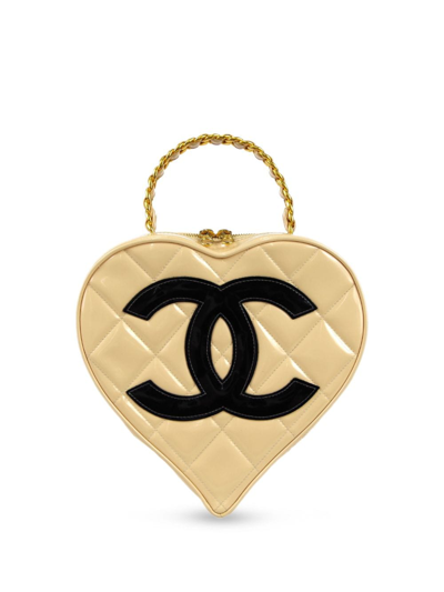 Pre-owned Chanel 1995 Cc Patch Heart Vanity Handbag In Yellow
