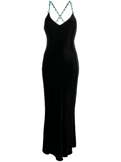 Roberto Cavalli Bead-embellished V-neck Velvet Dress In Nero