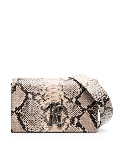 Roberto Cavalli Snakeskin-print Leather Shoulder Bag In Neutrals