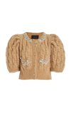 SIMONE ROCHA PUFF-SLEEVE EMBELLISHED CABLE-KNIT WOOL-BLEND CROPPED CARDIGAN