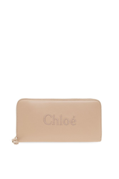Chloé Sense Logo-embroidered Leather Wallet In Beige