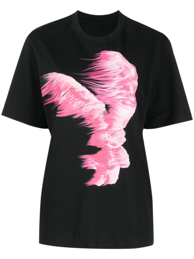 Jnby Feather-print Cotton T-shirt In Black