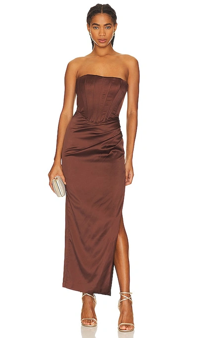 Bardot Bandeau Satin Slip Midi Dress In Chocolate-brown