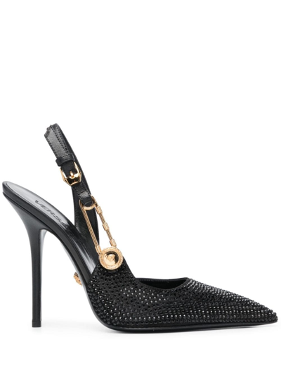 Versace Safety Pin Detailed Pointed Toe Pumps In Black