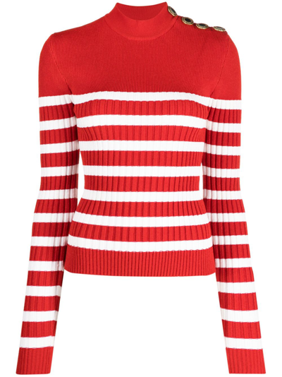 Balmain Embellished Striped Knit Top In Red